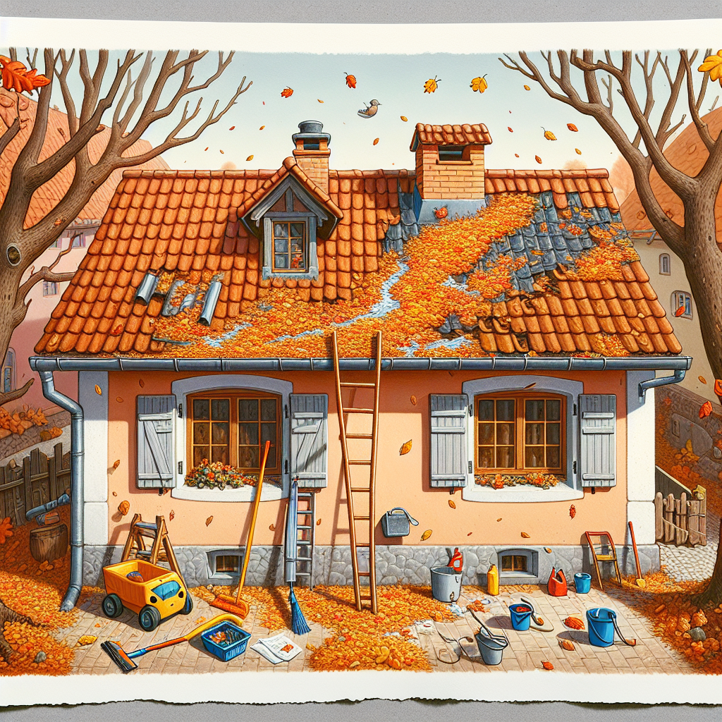 An artistic rendition of the title: Clean and inspect gutters for the fall season.