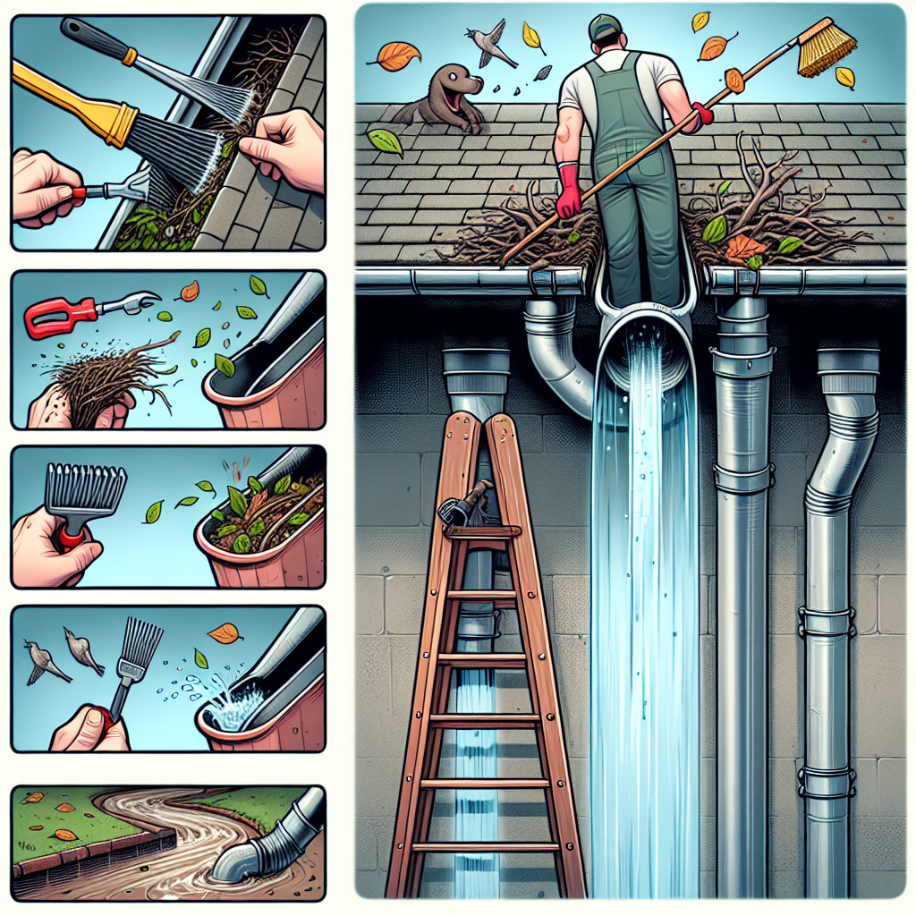 An artistic rendition of the title: Clean out gutters and downspouts thoroughly. An artistic rendition of the title: Clean out gutters and downspouts thoroughly.