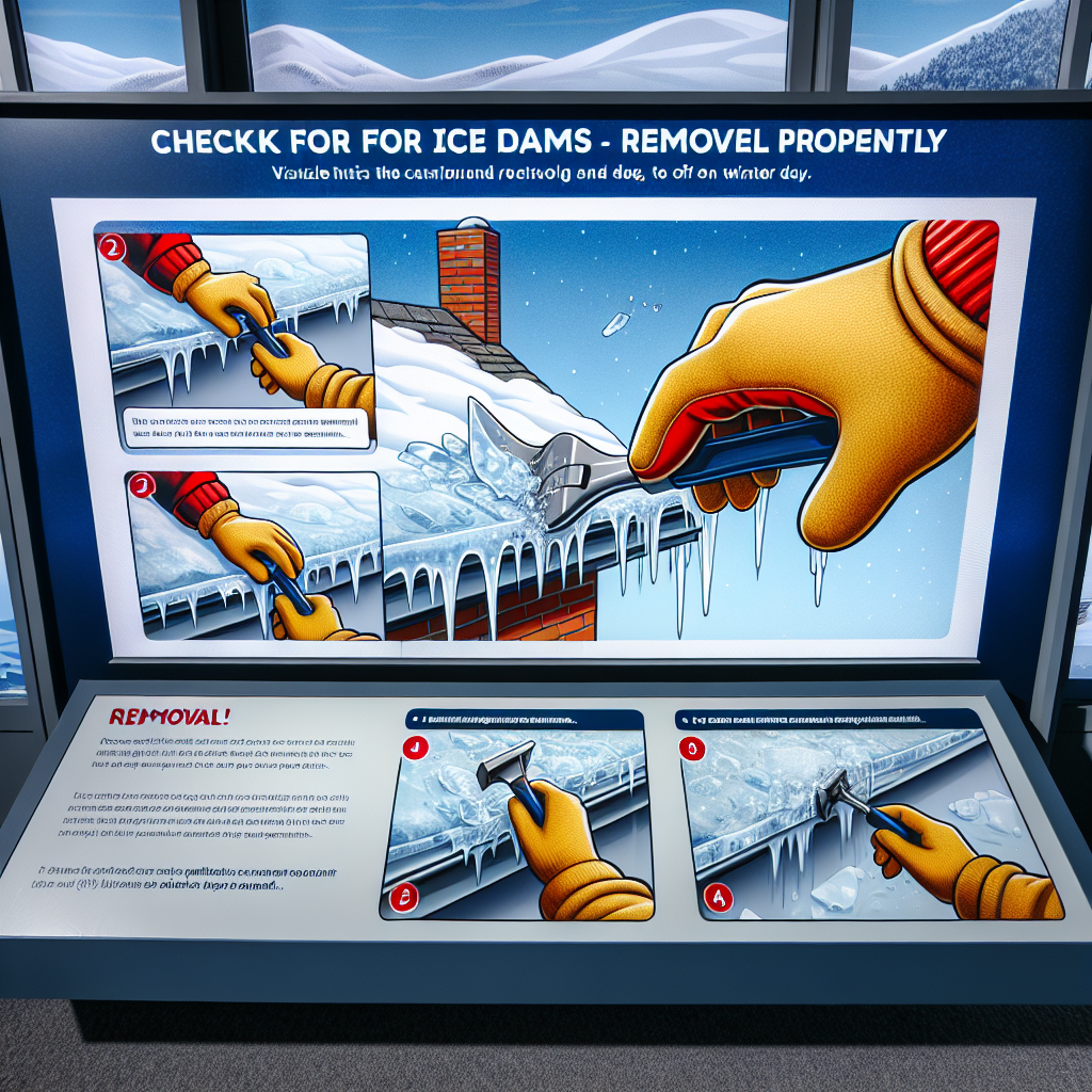 An artistic rendition of the title: Check for ice dams and remove them promptly. An artistic rendition of the title: Check for ice dams and remove them promptly.