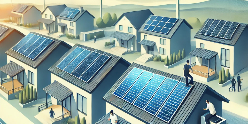 A modern art style illustration showcasing affordable solar panel options for homes. The scene features a variety of solar panel types displayed on roof.