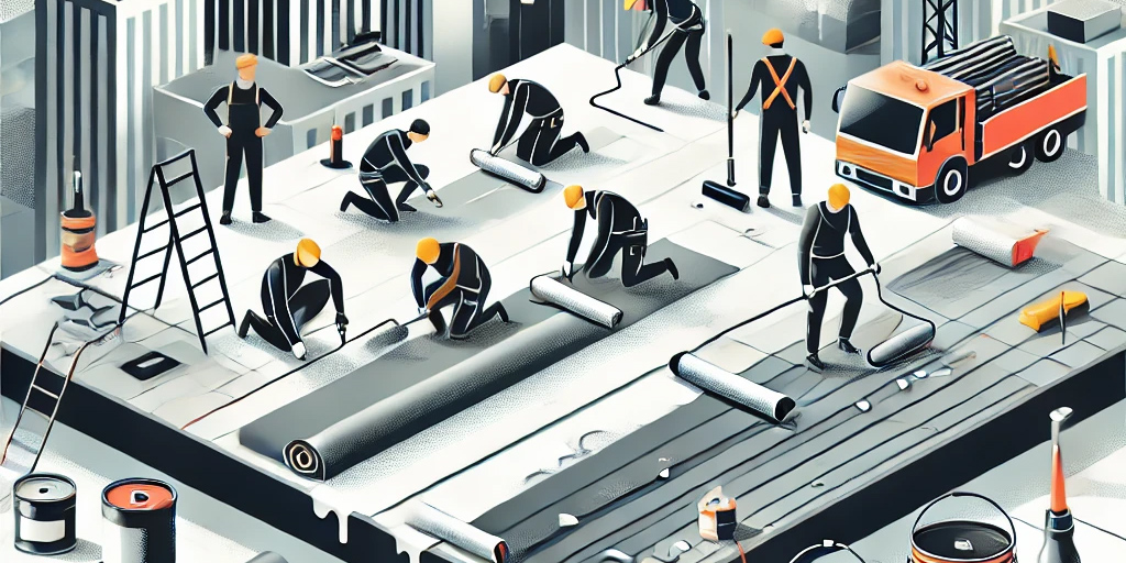 A modern art style illustration depicting commercial flat roof repair and installation. The scene shows workers on a large flat roof, applying commercial roofing.