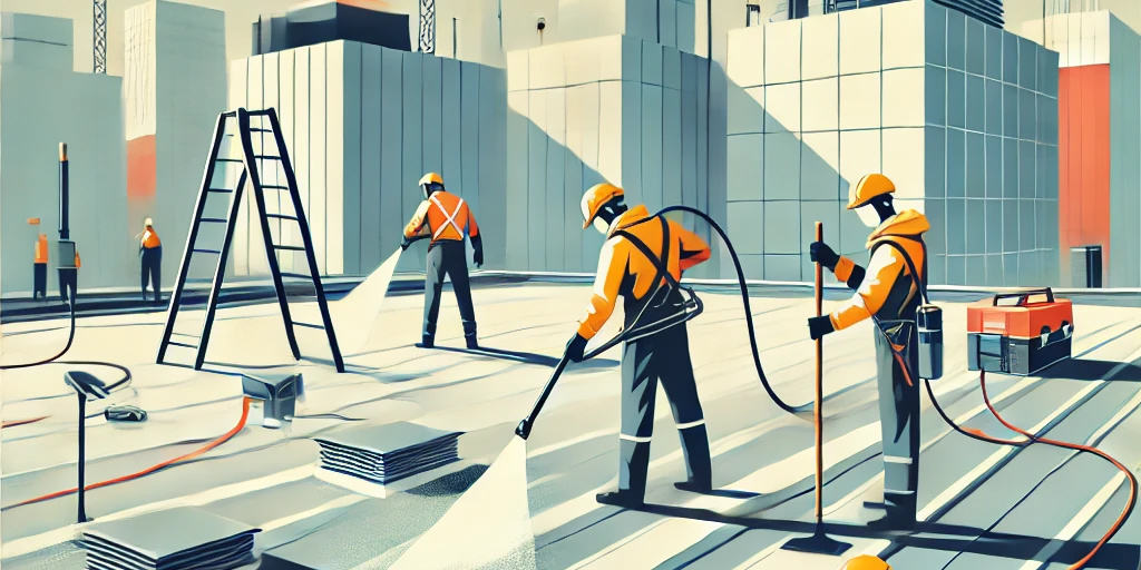 A modern art style illustration depicting commercial roof maintenance. The scene features workers inspecting and cleaning a large commercial flat roof.
