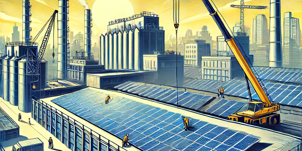 A modern art style illustration depicting commercial solar panel installation on the rooftop of a large industrial building. Workers are shown installing.