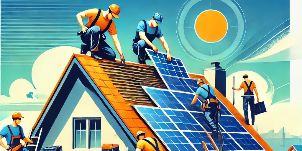 A modern art style illustration representing solar and roofing services. The image shows workers on a rooftop installing solar panels while repairing.
