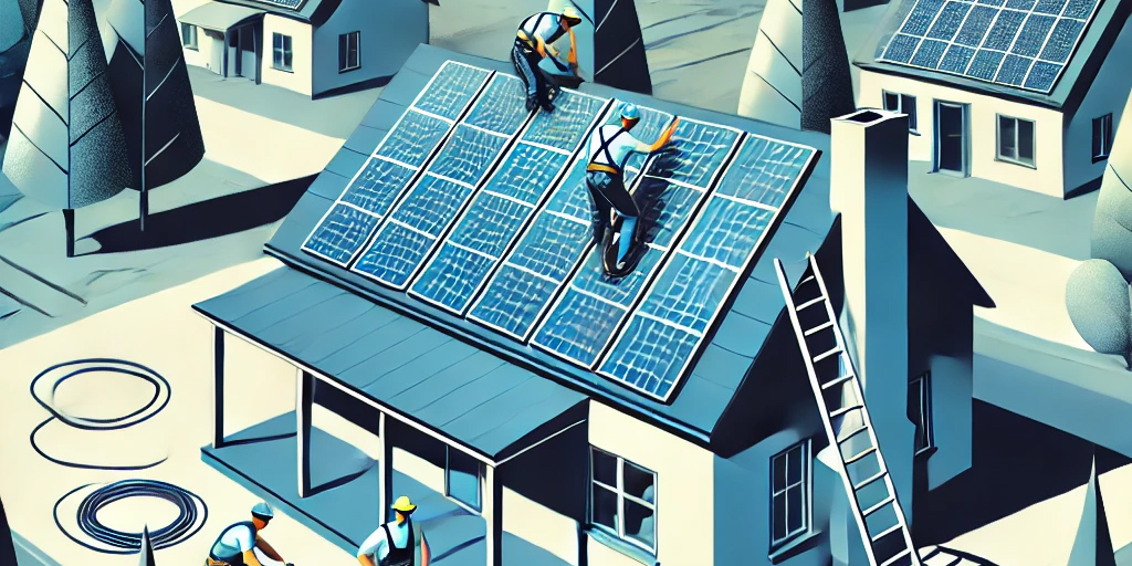 A modern art style illustration of solar panel installation on a suburban home. The scene depicts workers on a slanted roof carefully positioning solar