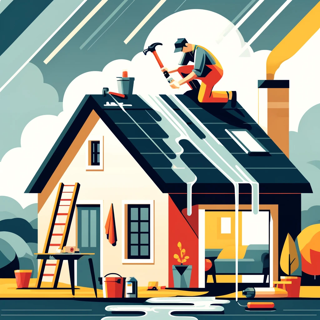 A modern art style illustration depicting roof leak repair. The scene shows a roofer on top of a house fixing a leak, with water dripping into a bucket.