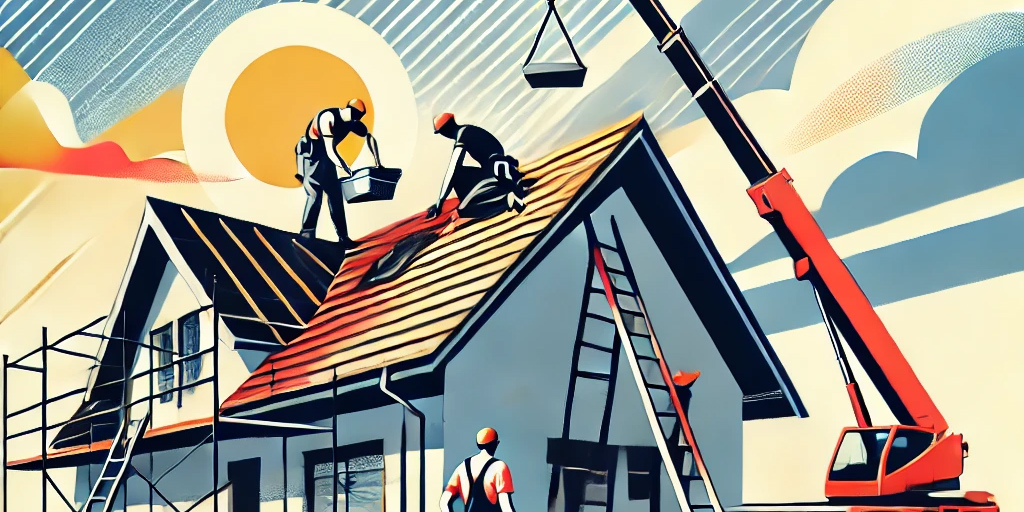 A modern art style illustration showing roof storm damage repair. The scene features a roofer working on a house with sections of the roof damaged.