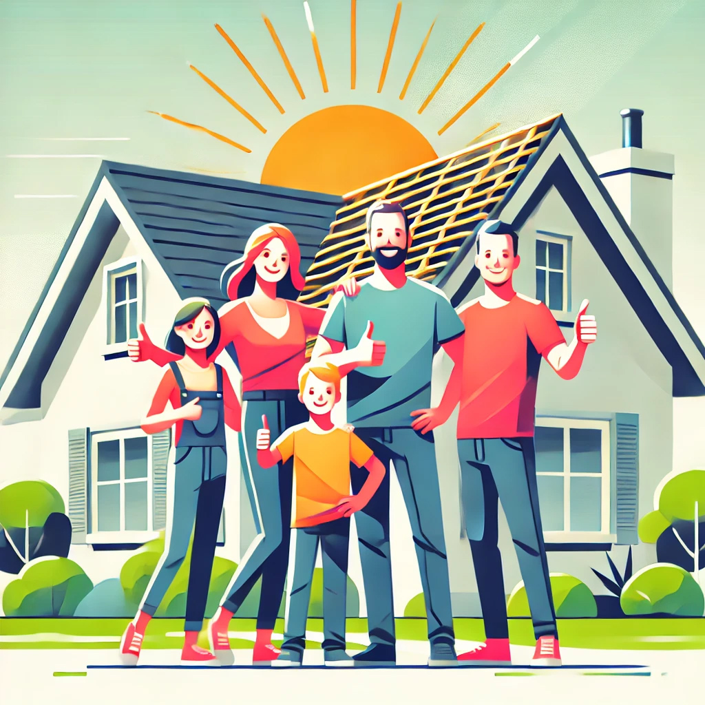 An illustration of a satisfied family that just had a roof installed by Ridgeline Roofing and Solar of Joplin MO