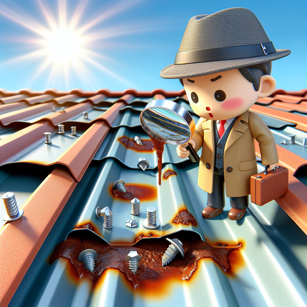 A cartoon man inspecting a metal roof.