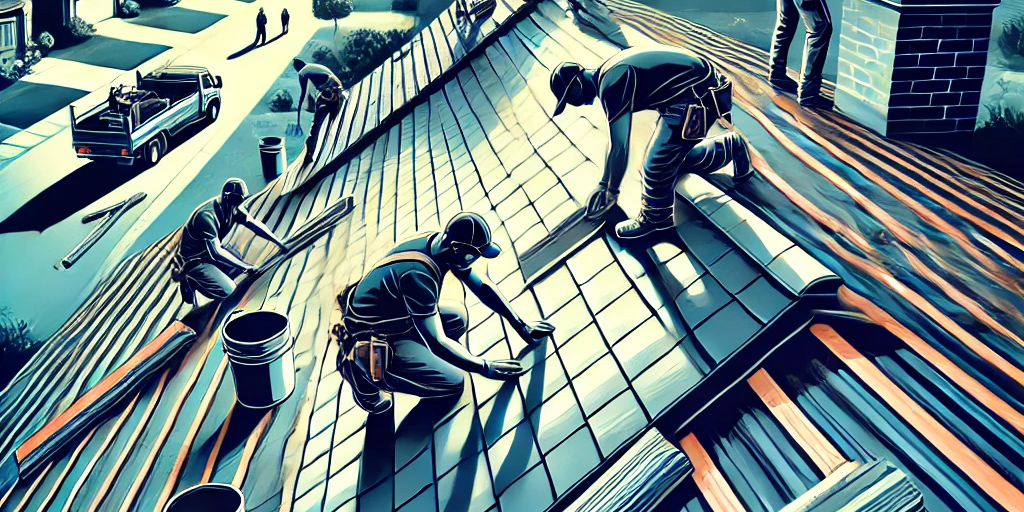 Several men installing a roof in a modern art/deco style<br />

