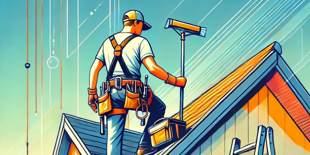 A modern art style illustration showing roof storm damage repair. The scene features a roofer working on a house with sections of the roof damaged.