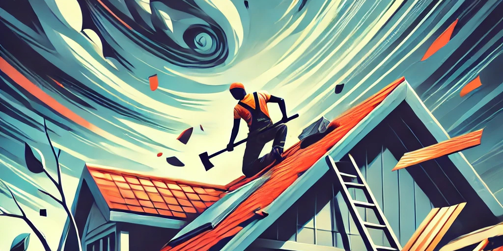 A modern art style illustration depicting roof leak repair. The scene shows a roofer on top of a house fixing a leak, with water dripping into a bucket.