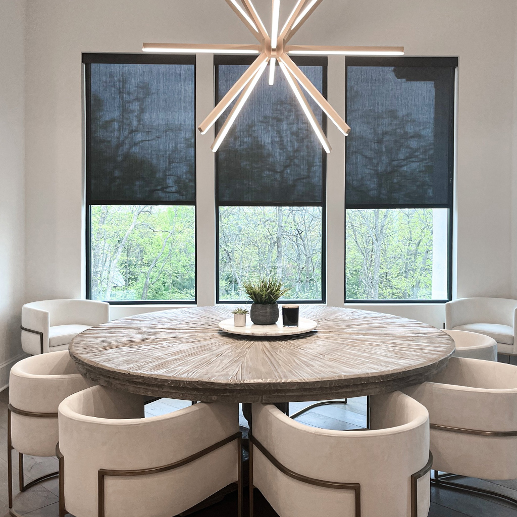 smart-shades_automatic-window-shades_dinner-table-post Dinner table with a backdrop of Automatic Window Shades known as Smart Shades by Ridgeline. Ridgeline Roofing and Solar is a proud dealer of Powershades.