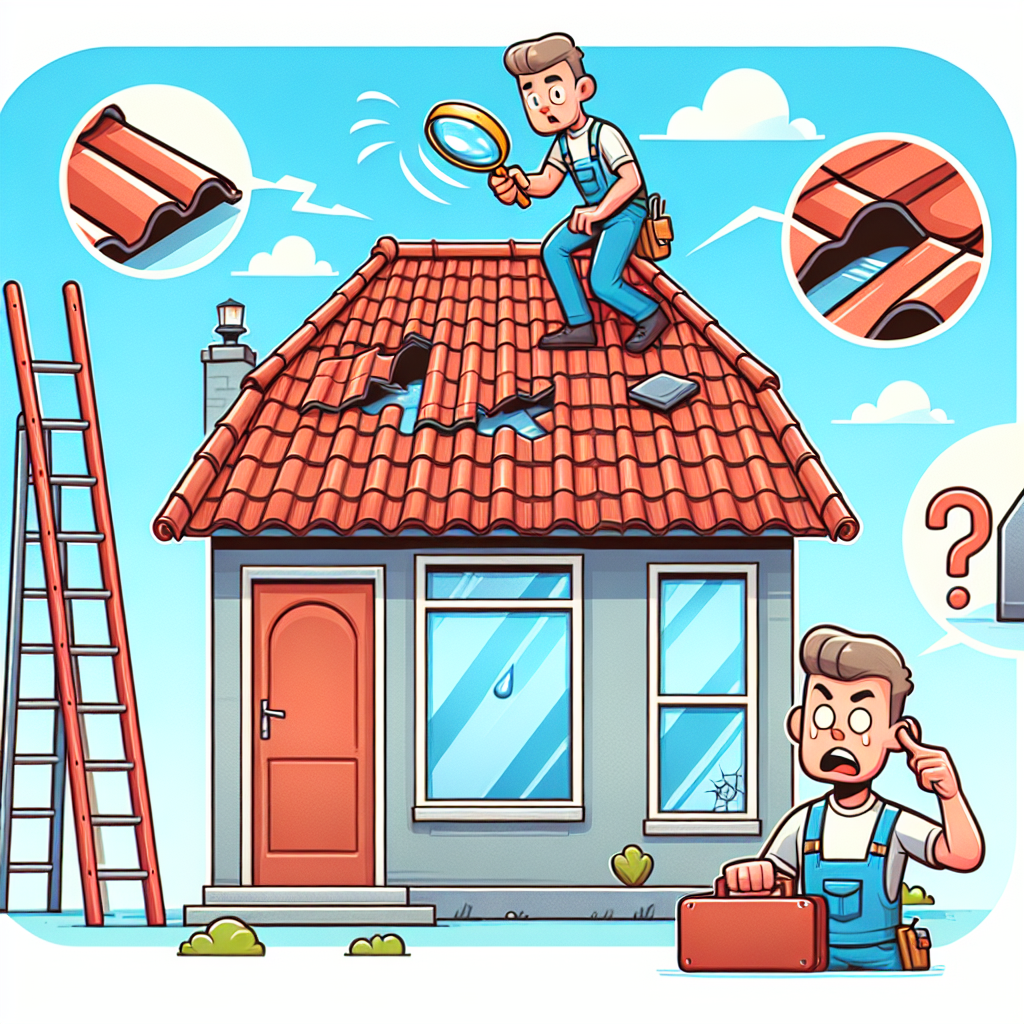 A cartoon man on top of a roof checking for loose or missing tiles.