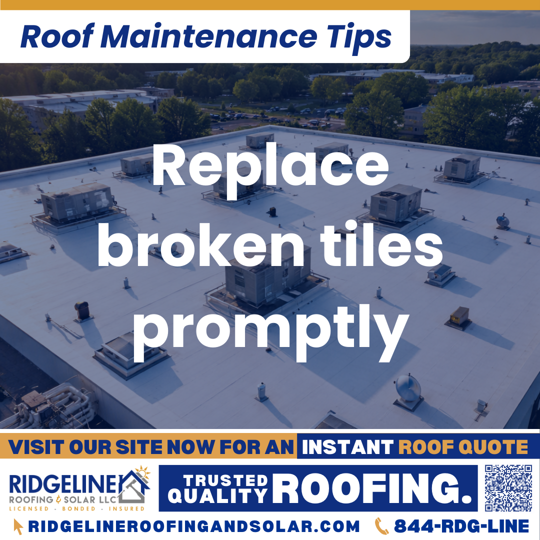 Replace broken tiles promptly Ridgeline Roofing and Solar Roof Maintenance Tip for Homeowners: Replace broken tiles promptly