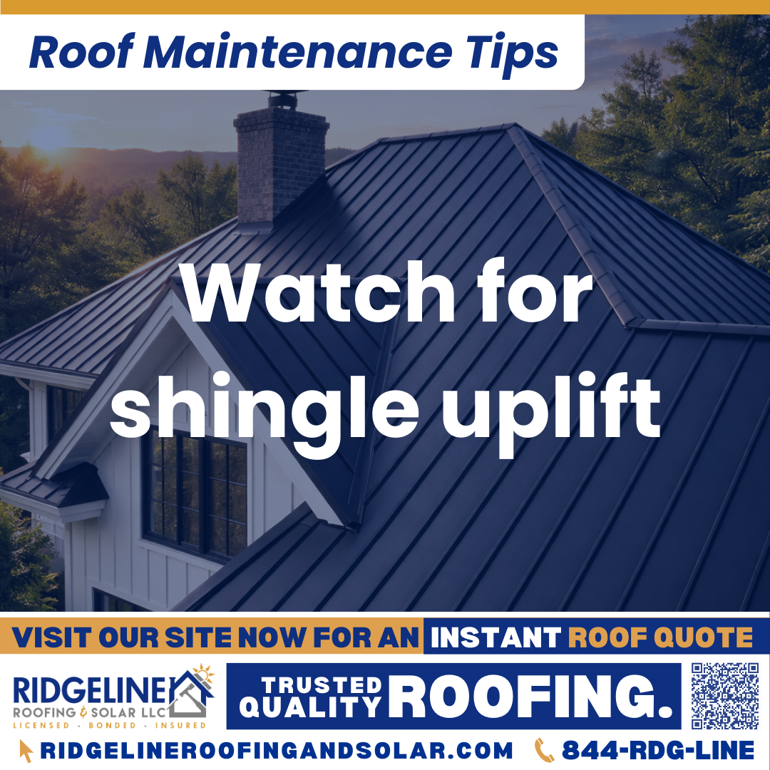 Ridgeline Roofing and Solar Roof Maintenance Tip for Homeowners: Watch for shingle uplift