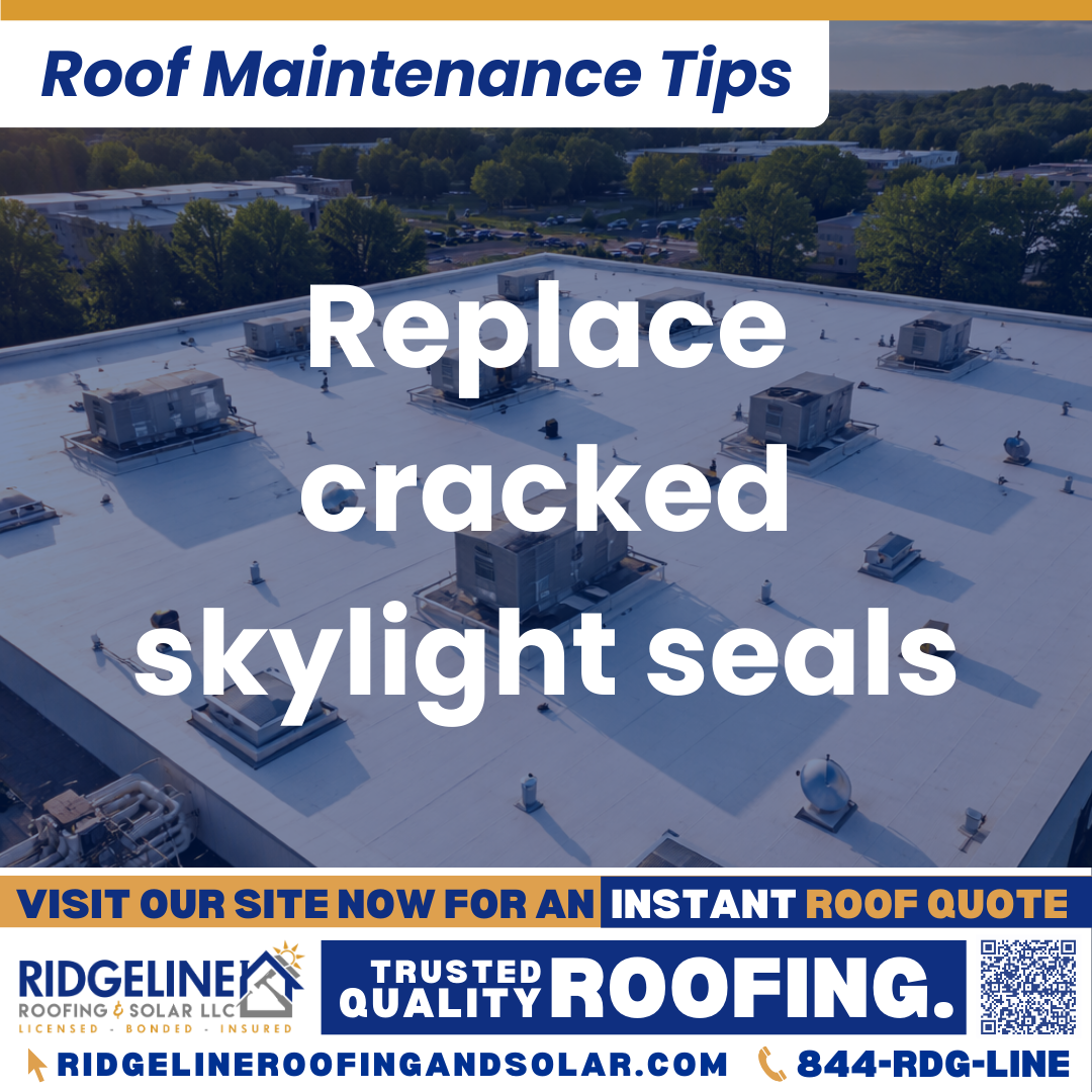 Ridgeline Roofing and Solar Roof Maintenance Tip for Homeowners: Replace cracked skylight seals