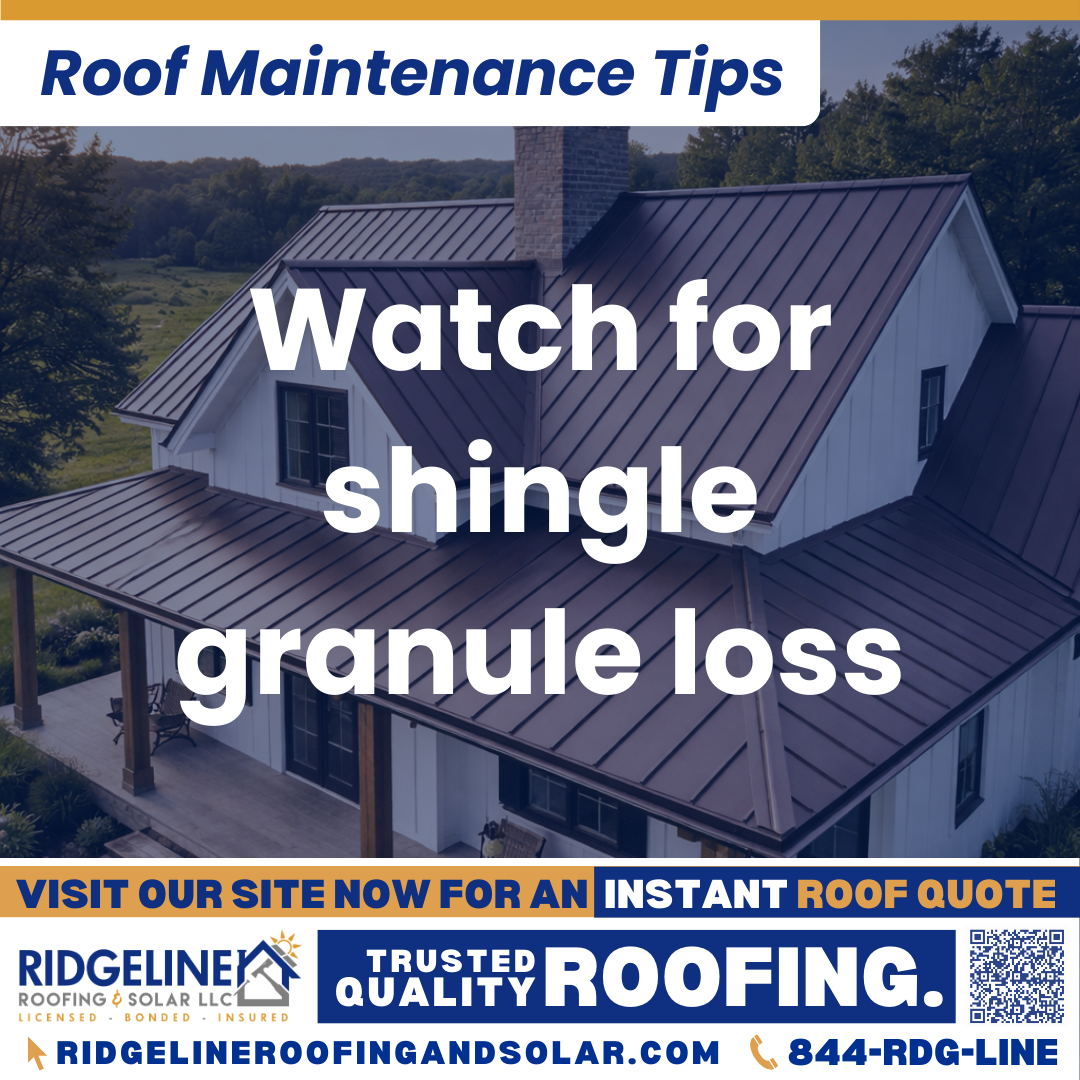Ridgeline Roofing and Solar Roof Maintenance Tip for Homeowners: Watch for shingle granule loss