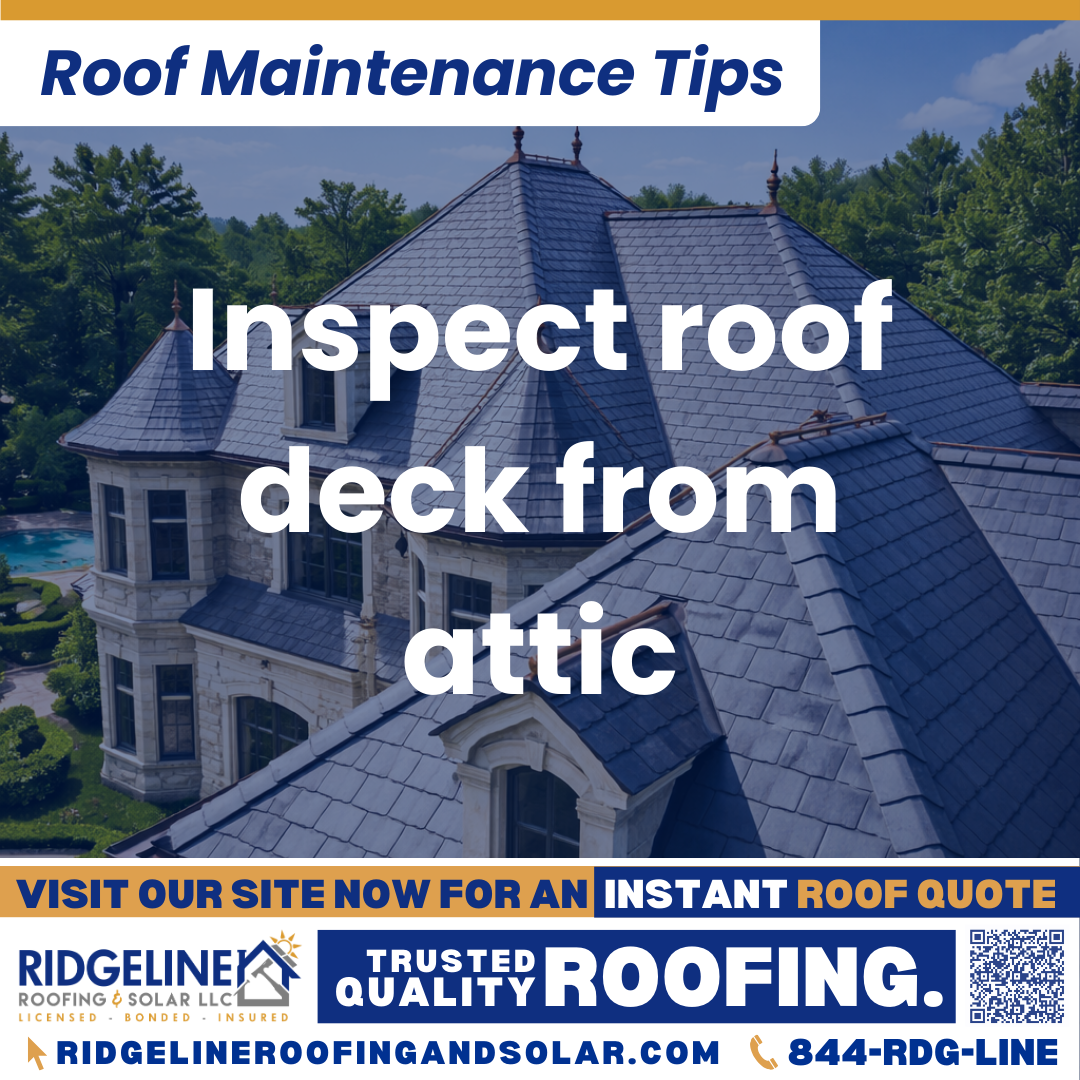 Ridgeline Roofing and Solar Roof Maintenance Tip for Homeowners: Inspect roof deck from attic