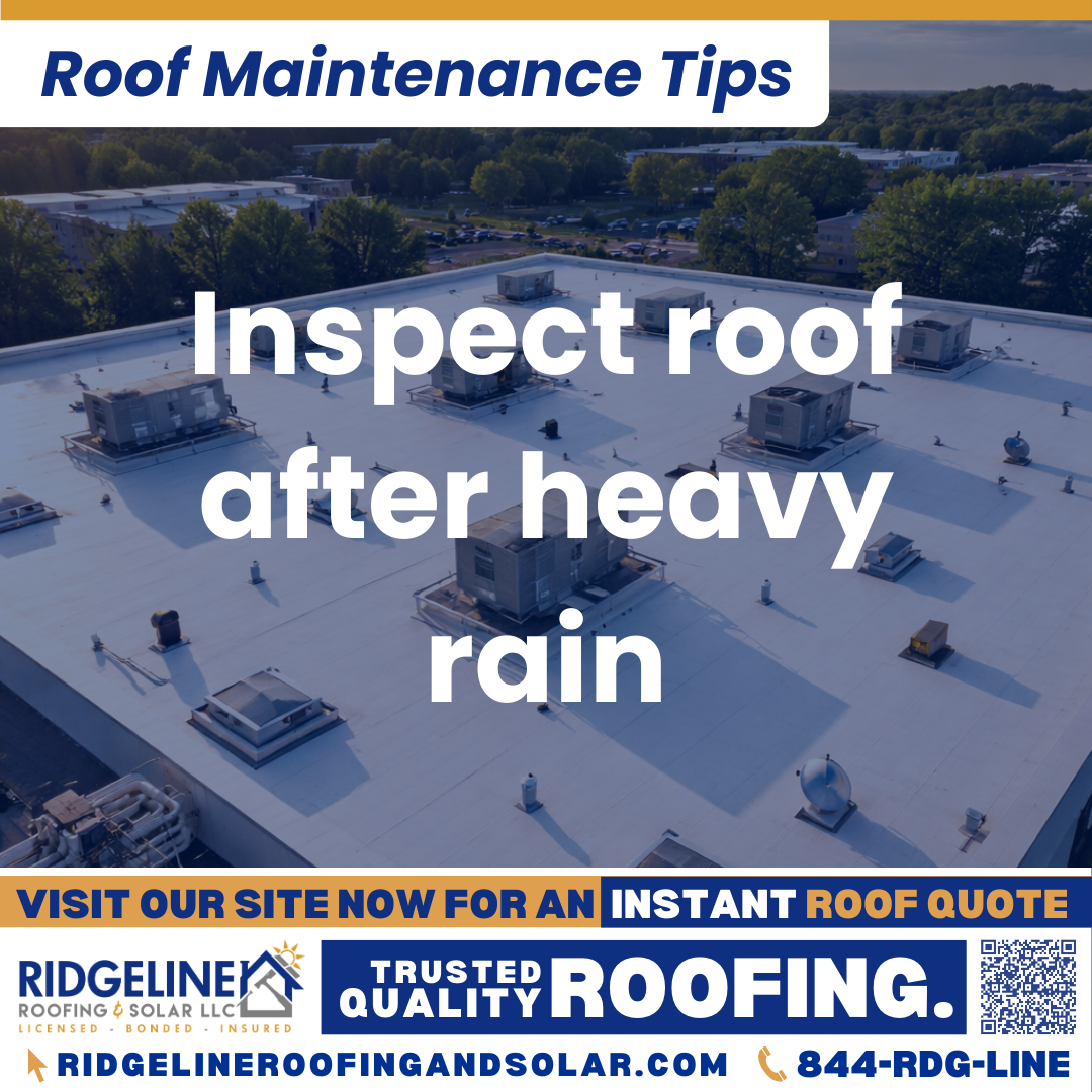 Ridgeline Roofing and Solar Roof Maintenance Tip for Homeowners: Inspect roof after heavy rain