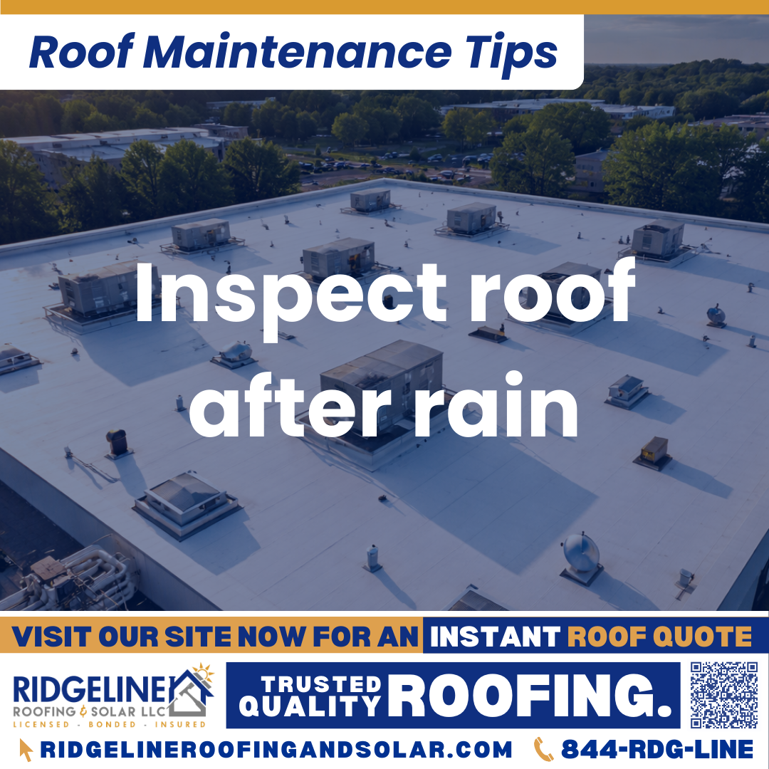Ridgeline Roofing and Solar Roof Maintenance Tip for Homeowners: Inspect roof after rain