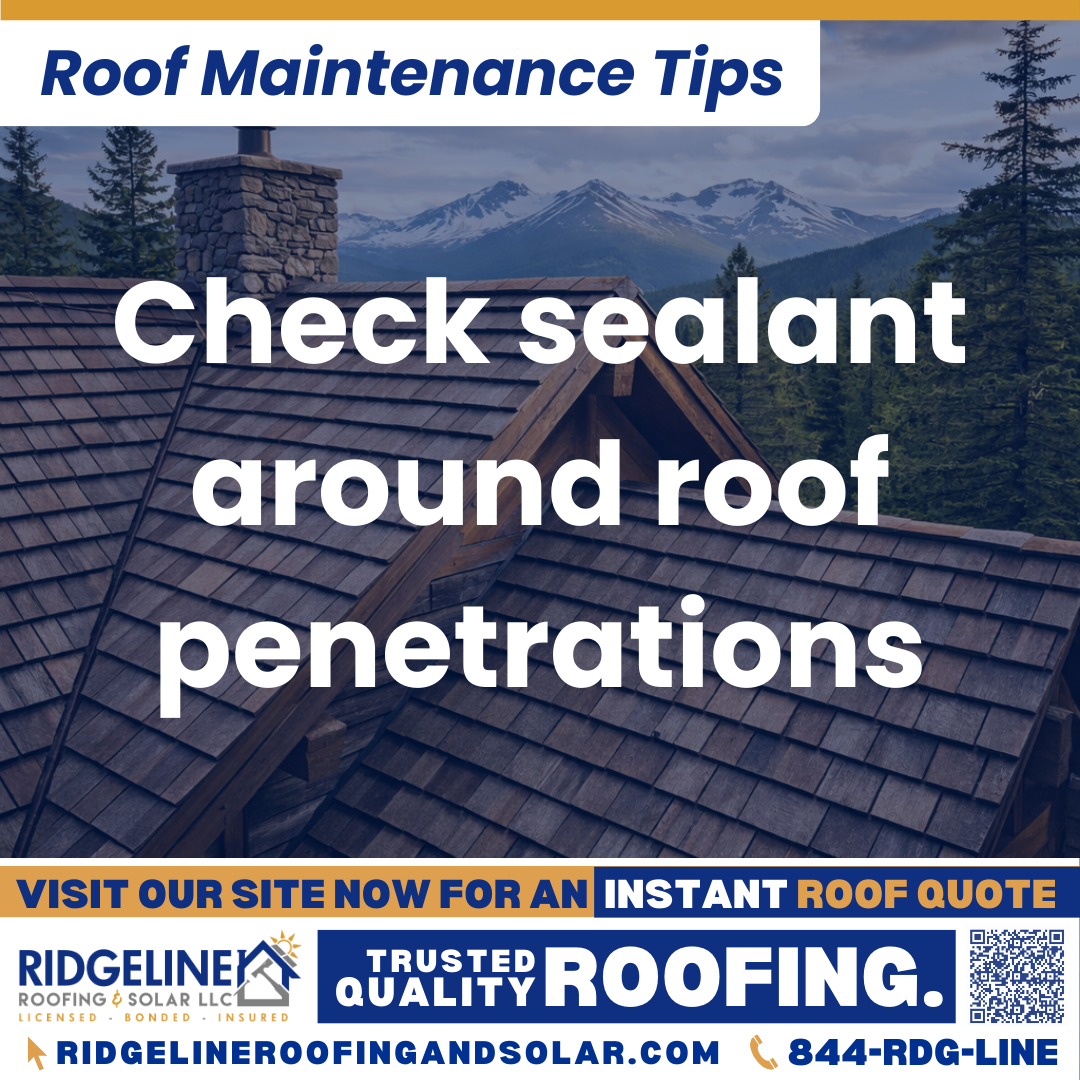 Check sealant around roof penetrations Ridgeline Roofing and Solar Roof Maintenance Tip for Homeowners: Check sealant around roof penetrations