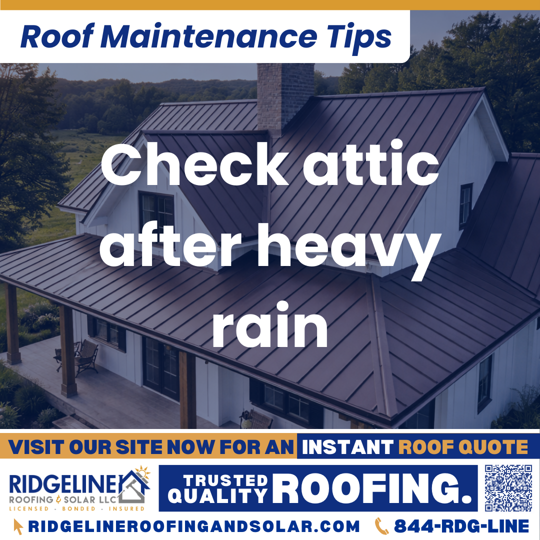 Check attic after heavy rain Ridgeline Roofing and Solar Roof Maintenance Tip for Homeowners: Check attic after heavy rain