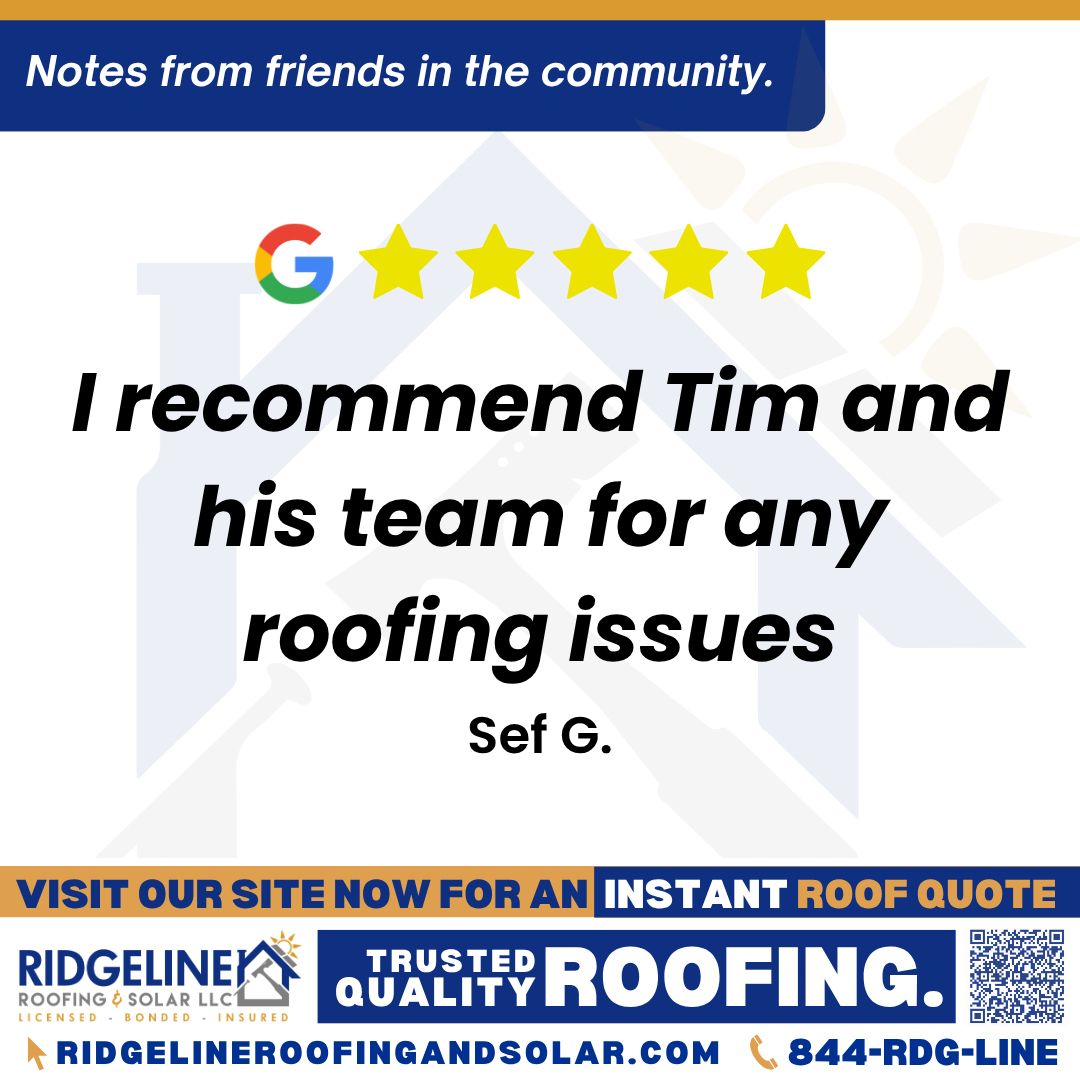 <h3>Customer Review</h3>
<em>Tim was great and very helpful. He came and fixed leaks through my ceiling. I liked him and his team.very professional! I recommend Tim and his team for any roofing issues.</em>

- Sef G.

&nbsp;
<h3>From Team Ridgeline:</h3>
<em>Thank you so much for your kind review and we greatly appreciate your business!!</em>